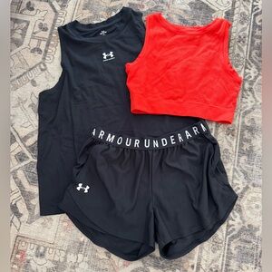 Under Armour Black Loose Fit Top, UA Black shorts & Orange cropped tank.